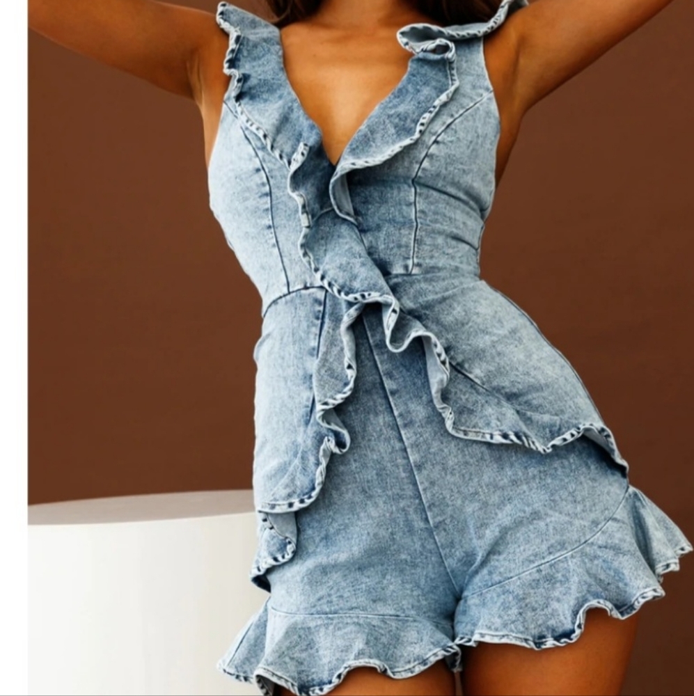 Selfie Leslie Denim Ruffle Jumpsuit